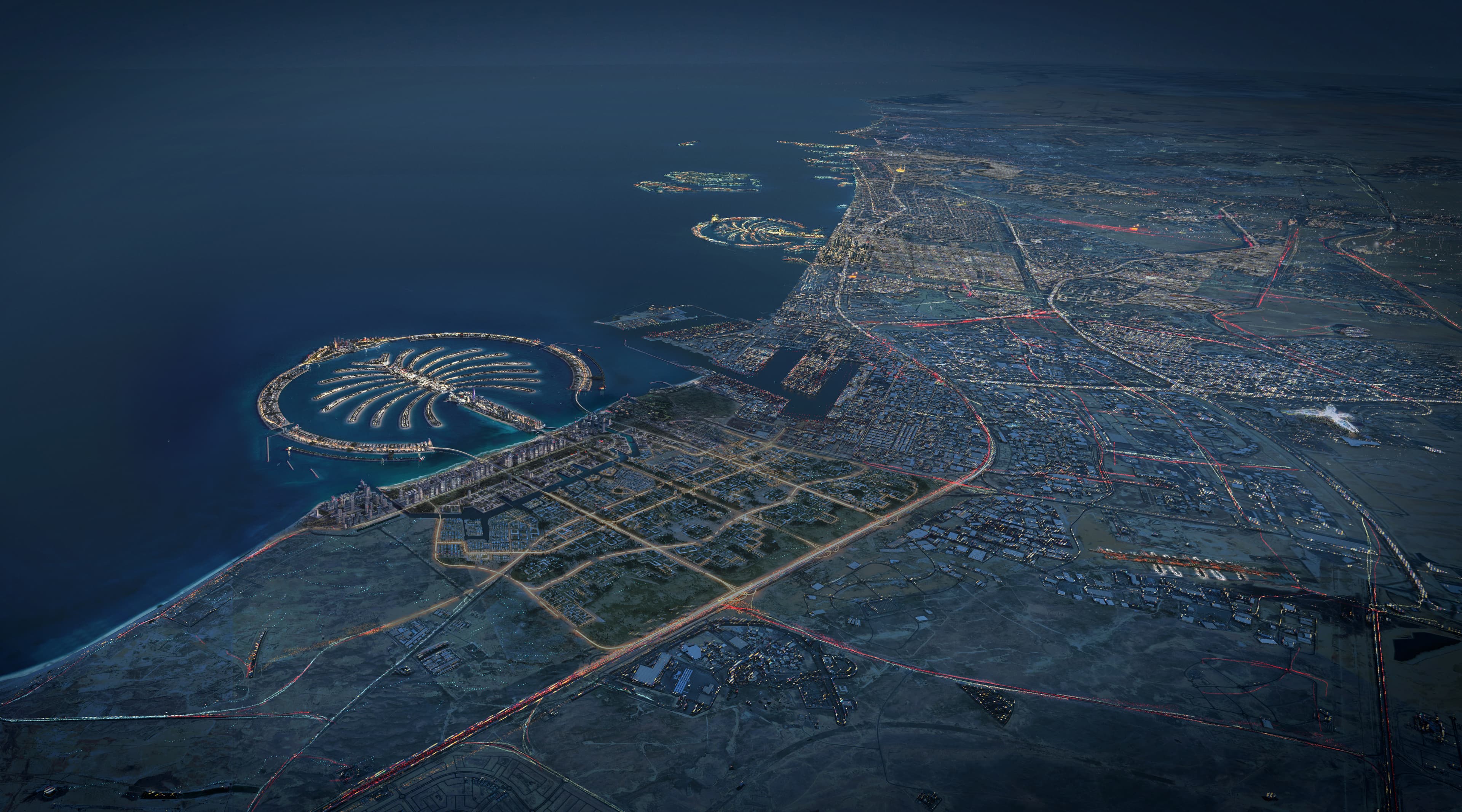 Palm Jebel Ali — night aerial, positioned along Dubai's coastline