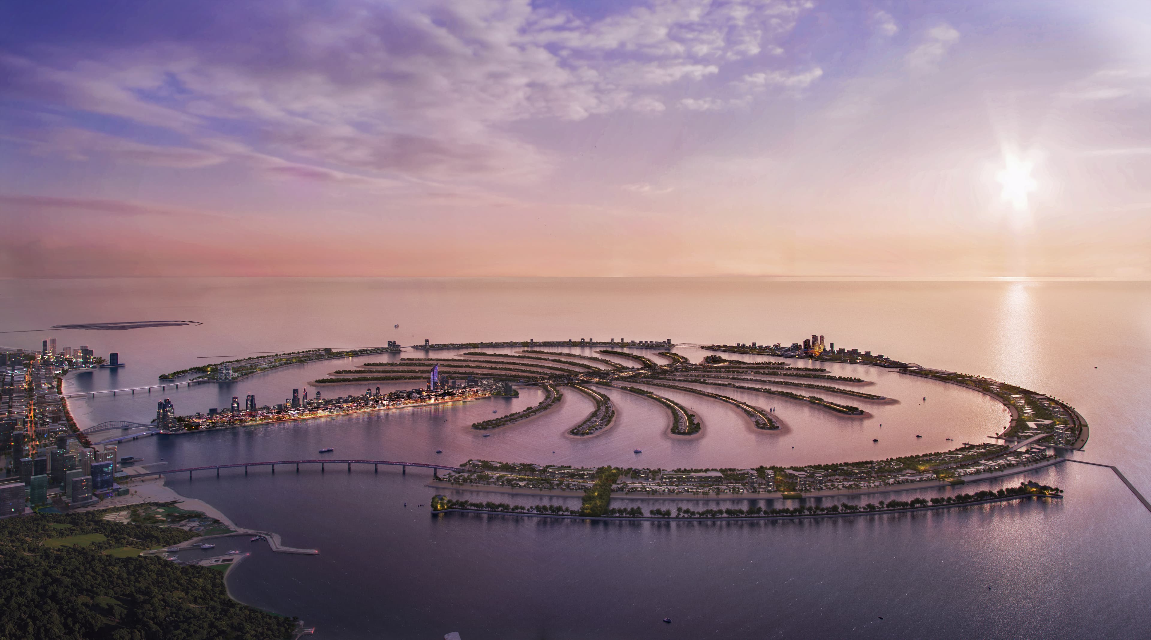 Palm Jebel Ali — aerial masterplan rendering at golden hour