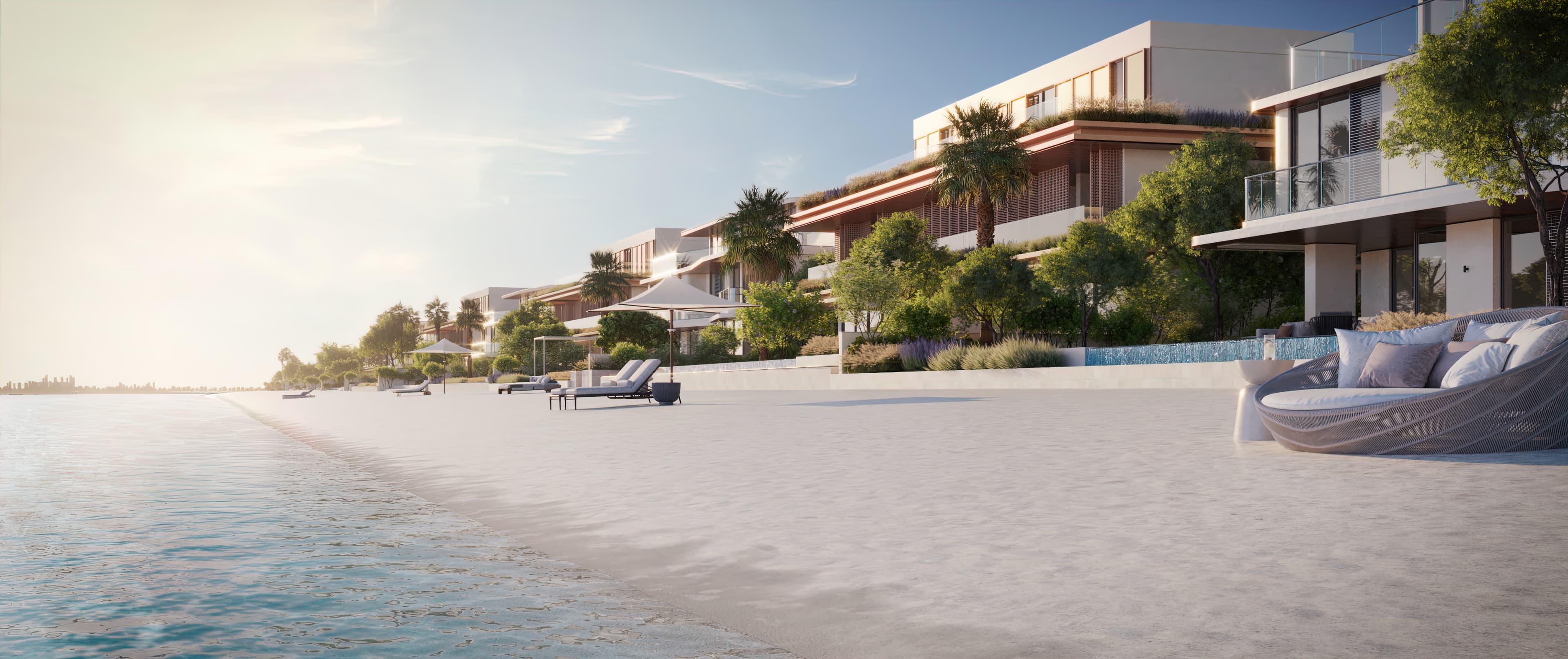 Palm Jebel Ali — beachfront villa terrace at sunrise