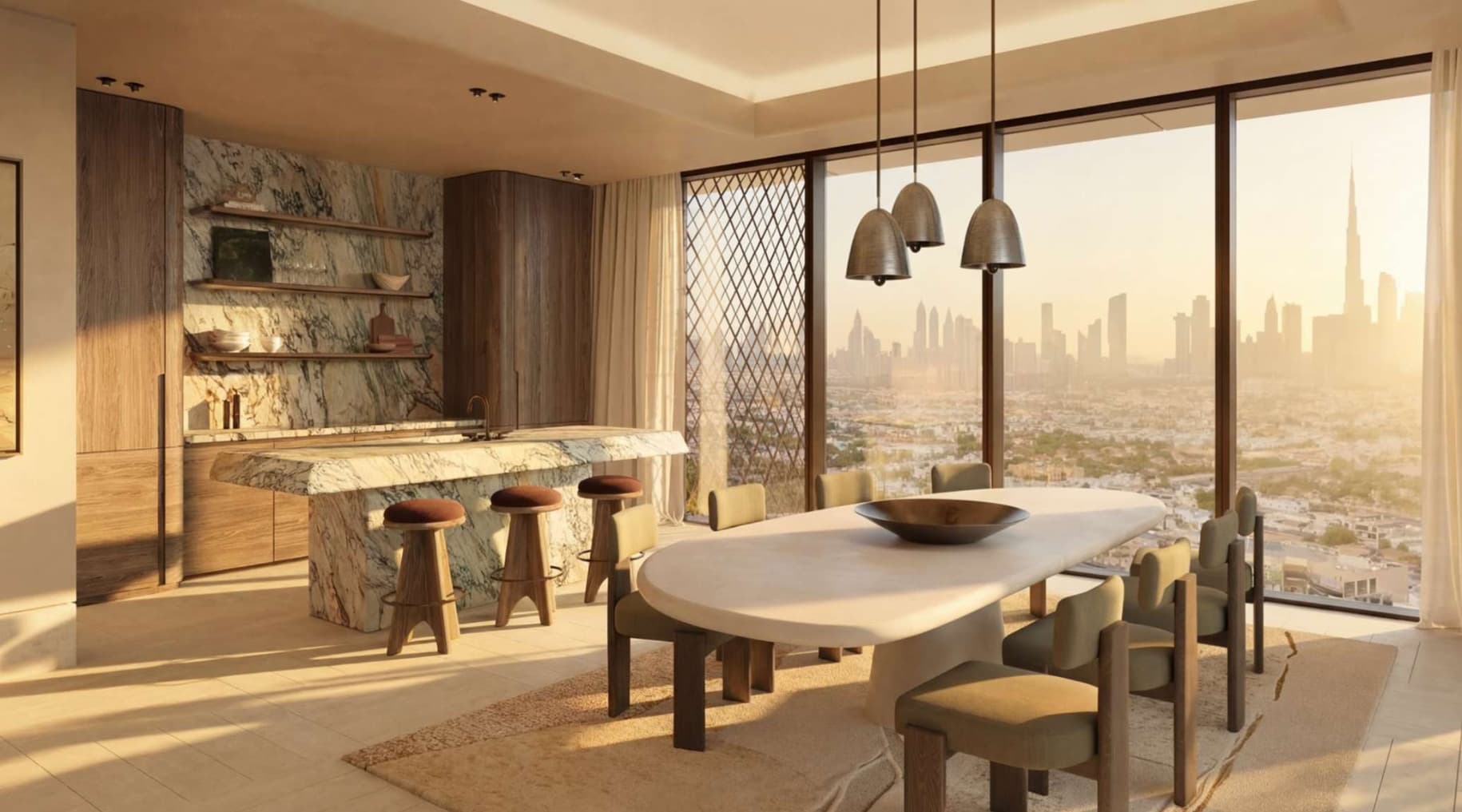 Rosewood dining and kitchen space in warm sunlight