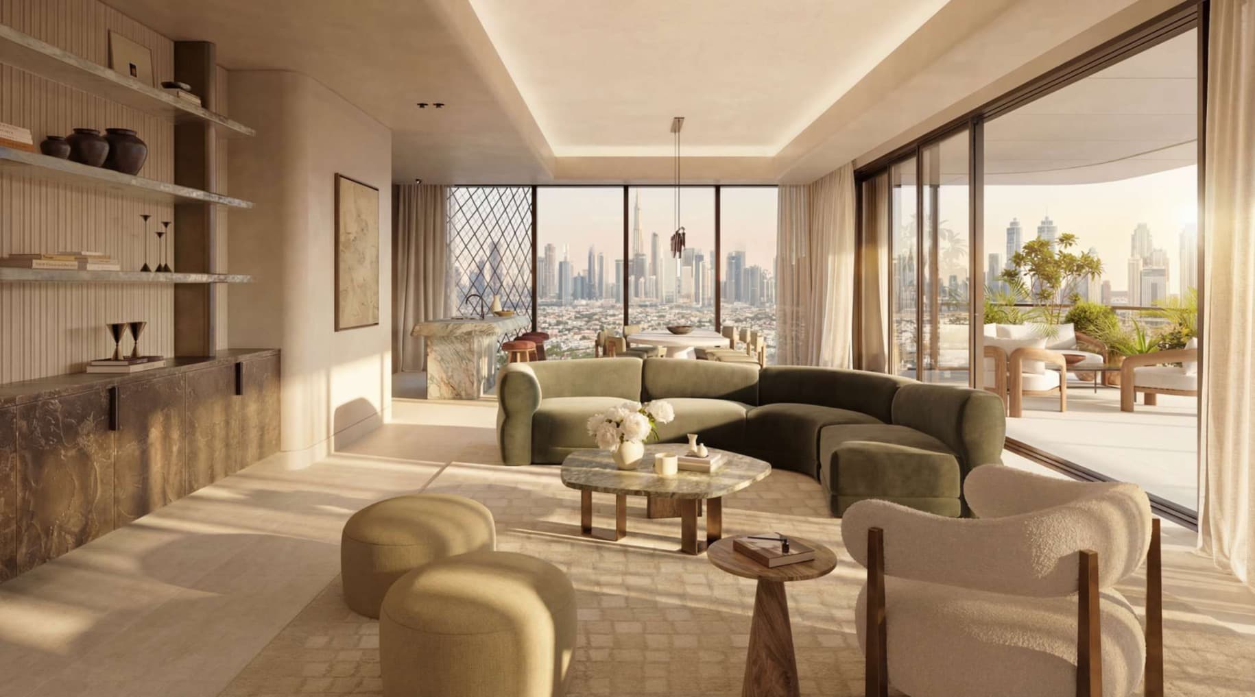 Rosewood living room with natural stone, soft seating and views toward Dubai